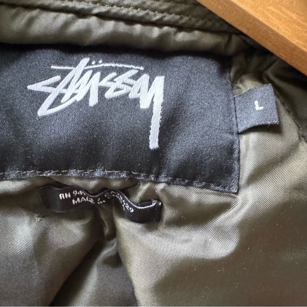 Stussy Men's Quilted Military Bomber Full Zip Up Jacket Olive Green size Large - Picture 10 of 10